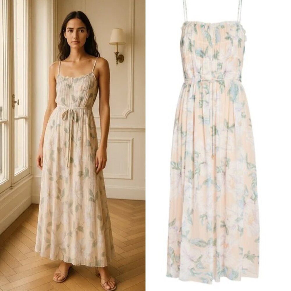 NWT INTERMIX Beige Floral Printed Jade Silk Midi Dress